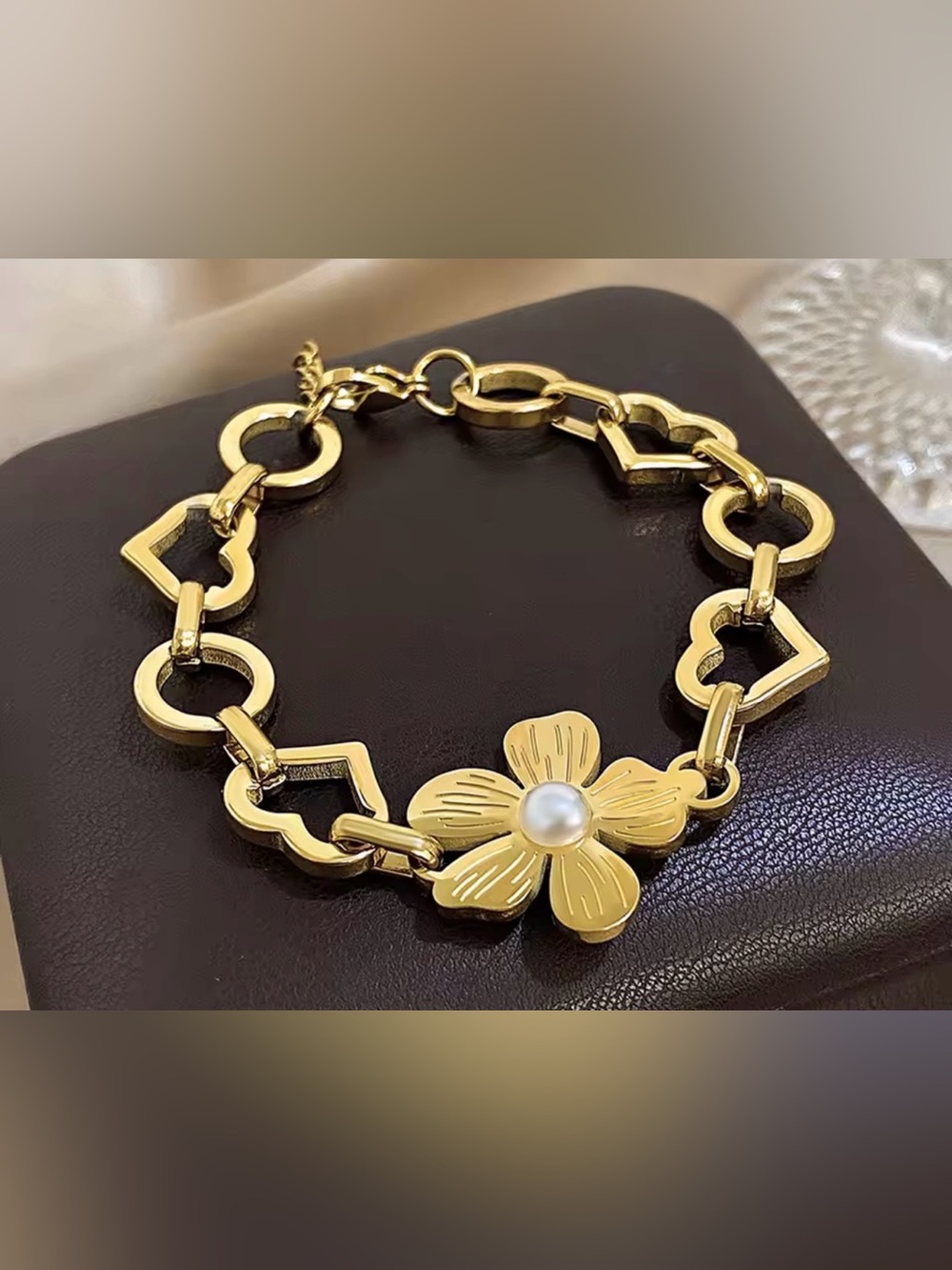 Gold Floral Pearl Charm Bracelet